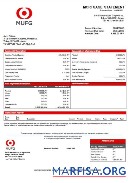 Realistic Japan The Bank of Tokyo Mitsubishi UFJ (MUFG) mortgage statement Word and PDF template